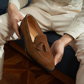 Tassel Loafer – Tan Suede with Classic Hand-Stitching